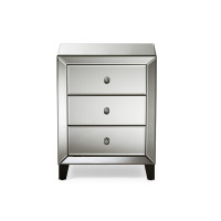 Baxton Studio RS1155 Chevron Hollywood Regency Glamour Style Mirrored 3-Drawers Nightstand Bedside Table